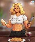  1girl abs alcohol beverly_(nortuet) blonde_hair blurry blurry_background breasts cheese_grater closed_eyes collarbone cup drinking_glass english_commentary eyelashes food holding holding_food iced_latte_with_breast_milk_(meme) italian_text medium_breasts meme midriff muscular muscular_female nortuet original pants parmesan_cheese pasta patreon_logo pouch shirt smile t-shirt thick_eyebrows translated twitter_username wine wine_glass 