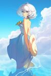  1girl absurdres bangs blue_dress blue_eyes blue_sky closed_mouth cloud cloudy_sky commentary day dress flower hair_between_eyes hat highres holding holding_clothes holding_hat honkai_(series) honkai_impact_3rd kido_p looking_at_viewer looking_back medium_hair ocean outdoors sky sleeveless sleeveless_dress smile straw_hat summer summer_uniform sundress sunflower swimsuit theresa_apocalypse theresa_apocalypse_(valkyrie_pledge) twintails wading white_hair 