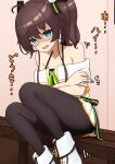  1girl absurdres ahoge bad_id bad_pixiv_id bangs black_legwear black_ribbon blue_eyes boots brown_hair commentary crossed_arms disgust green_ribbon hair_between_eyes hair_ribbon halterneck highres hololive jacket lunch_boxer medium_hair miniskirt natsuiro_matsuri neck_ribbon off-shoulder_jacket off_shoulder open_mouth orange_jacket out_of_frame pantyhose pleated_skirt ribbon scared short_sleeves side_ponytail skirt solo_focus spaghetti_strap sweatdrop translated virtual_youtuber white_footwear white_skirt 