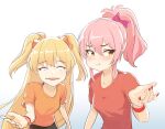  2girls :i blonde_hair bow commentary_request fingernails hair_bow hair_ornament hair_scrunchie idolmaster idolmaster_cinderella_girls jougasaki_mika jougasaki_rika kagawa_ichigo making_faces multiple_girls nail_polish orange_shirt pink_bow pink_hair ponytail red_nails red_shirt rolling_eyes scrunchie shirt siblings simple_background sisters tongue tongue_out two_side_up white_background wristband 