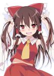  1girl bangs bare_shoulders blush bow brown_hair bunching_hair collared_shirt detached_sleeves hair_between_eyes hair_bow hair_tubes hakurei_reimu hand_on_own_head long_hair long_sleeves looking_at_viewer navel open_mouth red_bow red_eyes red_shirt red_skirt shirt simple_background skirt smile sweat sweatdrop tororo touhou twintails upper_body white_background yellow_neckwear 