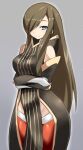  1girl blue_eyes breasts brown_hair gloves hair_over_one_eye karukan_(monjya) long_hair looking_at_viewer simple_background smile solo tales_of_(series) tales_of_the_abyss tear_grants thighhighs 