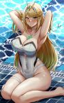  1girl armpits arms_up barefoot blonde_hair blush breasts chest_jewel choker cleavage closed_mouth collarbone covered_navel curvy english_commentary groin hair_lift highres kneeling large_breasts long_hair mythra_(radiant_beach)_(xenoblade) mythra_(xenoblade) official_alternate_costume one-piece_swimsuit piukute062 pool poolside pout revision sitting solo straight_hair swimsuit thick_thighs thigh_strap thighs tiara very_long_hair wariza water xenoblade_chronicles_(series) xenoblade_chronicles_2 yellow_eyes yellow_pupils 
