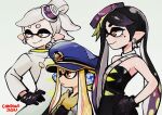  2021 3girls agent_3_(splatoon) armpits artist_name bangs bare_shoulders black_dress black_gloves black_hair blonde_hair blue_headwear breasts callie_(splatoon) choker closed_mouth coat colo_(nagrolaz) commentary cowboy_shot crossed_arms dress earrings english_commentary gloves gold_trim hair_ornament hair_up hand_on_hip hat jewelry light_frown long_hair long_sleeves looking_to_the_side marie_(splatoon) military_hat mole mole_under_eye multicolored_hair multiple_girls orange_eyes pointy_ears profile purple_hair sash shirt short_eyebrows short_hair short_hair_with_long_locks sidelocks simple_background small_breasts smile splatoon_(series) splatoon_3 strapless swept_bangs symbol-shaped_pupils tentacle_hair thick_eyebrows tied_hair two-tone_hair v-shaped_eyebrows very_long_hair white_background white_choker white_coat white_hair white_sash yellow_eyes yellow_shirt 