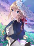  1girl absurdres bangs blonde_hair blue_eyes blue_jacket braid brooch commentary_request dress flower hair_between_eyes hair_ribbon highres jacket jewelry long_sleeves mechanical_arms necklace ramusika red_ribbon ribbon skirt solo umbrella violet_evergarden violet_evergarden_(series) white_skirt 