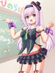  .live 1girl blush breasts carro_pino chalk chalkboard commentary_request groin hair_ornament headband highres long_hair open_mouth purple_eyes purple_hair shizukanahoshi sleeveless small_breasts solo virtual_youtuber 
