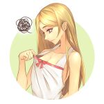  1girl adjusting_clothes armpits bangs bare_shoulders blonde_hair bow breasts circle cleavage closed_mouth collarbone commentary dress dress_bow halterneck highres kiss-shot_acerola-orion_heart-under-blade lips long_hair looking_down monogatari_(series) narumi_muran older oshino_shinobu parted_bangs petite pink_bow pointy_ears sleeveless sleeveless_dress small_breasts solo spoken_squiggle squiggle sundress upper_body very_long_hair white_dress yellow_eyes younger 