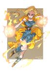  1girl armband artist_name belt bianca_(dq5) black_belt blonde_hair blue_dress blue_eyes blue_legwear boots border bracelet braid braided_ponytail brown_footwear cape commentary dated dragon_quest dragon_quest_v dress earrings fire flame frown full_body grey_background highres jewelry long_hair magic ontama open_mouth orange_cape outside_border pleated_dress short_dress signature single_braid sleeveless sleeveless_dress socks solo white_border 