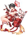  1girl :o animal_ears bangs black_hair blue_archive breasts cat_ears cleavage elbow_gloves finger_on_trigger from_side full_body gloves gun hair_between_eyes halo japanese_clothes large_breasts looking_at_viewer mx2j_(nsh6394) nontraditional_miko official_art open_mouth red_gloves red_sailor_collar red_skirt riot_shield rope sailor_collar shield short_hair sideboob skirt skorpion_vz._61 solo submachine_gun transparent_background tsubaki_(blue_archive) weapon 