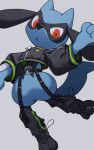  :o clothed_pokemon commentary cropped_jacket garter_straps grey_background iorune jacket looking_at_viewer no_humans open_mouth pokemon pokemon_(creature) red_eyes riolu signature simple_background solo symbol-only_commentary toes zipper zipper_pull_tab 