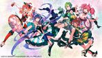  5girls :d blue_eyes breasts brown_eyes cleavage cleavage_cutout clenched_hands clothing_cutout copyright_name detached_sleeves floating floating_hair freyja_wion gloves green_gloves head_tilt headphones high_heels idol idol_clothes kaname_buccaneer large_breasts long_hair looking_at_viewer macross macross_delta makina_nakajima medium_breasts mikumo_guynemer mita_chisato multiple_girls navel official_art open_mouth orange_hair pink_hair purple_eyes purple_hair red_eyes red_hair reina_prowler short_hair small_breasts smile twintails very_long_hair walkure_(macross_delta) 
