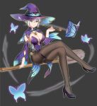  1girl absurdres ass black_footwear black_legwear blue_eyes book breasts bug butterfly commentary detached_sleeves hair_between_eyes hairband hat high_heels highres large_breasts long_sleeves looking_at_viewer original pantyhose shenyuekong short_hair solo white_hair wide_sleeves witch witch_hat 