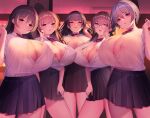  5girls adjusting_hair bangs bow breasts brown_hair cleavage copyright_request glasses highres large_breasts looking_at_viewer multiple_girls nipples no_bra open_clothes open_mouth open_shirt school_uniform see-through shiroiruka shirt silver_hair skirt smile taut_clothes taut_shirt twintails 