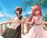  2girls alternate_costume apron artist_name beach black_dress black_hair commission cup day dress drink drinking_glass enmaided eyebrows_visible_through_hair gloves grey_eyes haguro_(kancolle) hair_between_eyes hair_ribbon holding holding_cup kamikaze_(kancolle) kantai_collection long_hair maid maid_apron maid_headdress multiple_girls ocean open_mouth palm_leaf palm_tree puffy_short_sleeves puffy_sleeves purple_eyes purple_hair ribbon short_hair short_sleeves skeb_commission sleeveless sleeveless_dress smile tree white_apron white_dress white_gloves wss_(nicoseiga19993411) yellow_ribbon 