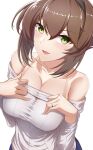  1girl bare_shoulders blush breasts brown_hair brown_pants cleavage collarbone flipped_hair green_eyes hand_on_own_chest highres jewelry kantai_collection large_breasts long_sleeves looking_at_viewer mutsu_(kancolle) off-shoulder_sweater off_shoulder open_mouth pants ring short_hair simple_background solo sweater utsumi_karmin wedding_band white_background white_sweater 