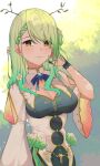  1girl absurdres blush braid branch breasts ceres_fauna chirpy cleavage eyebrows_visible_through_hair flower green_hair hair_flower hair_ornament highres hololive hololive_english large_breasts leaf long_hair looking_at_viewer mole mole_under_eye smile solo virtual_youtuber yellow_eyes 