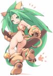  1girl animal_ears animal_hands animal_print ass boomerang breasts cat_ears cham_cham duplicate gloves green_eyes green_hair highres karukan_(monjya) long_hair looking_at_viewer no_panties open_mouth paw_gloves paw_shoes samurai_spirits shoes simple_background small_breasts smile solo tiger_print white_background 