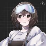  1girl arknights black_overalls brown_eyes brown_hair choker commentary dated eyebrows_visible_through_hair goggles goggles_on_head grey_background hair_between_eyes highres jacket looking_at_viewer muzi_(muaz) open_clothes open_jacket overalls roberta_(arknights) shirt short_hair simple_background smile solo white_choker white_jacket white_shirt 