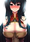  1girl absurdres azur_lane bangs bare_shoulders black_hair blush breast_squeeze breasts bridal_gauntlets china_dress chinese_clothes cleavage_cutout clothing_cutout creepy_eyes crossed_bangs cutout_above_navel dress empty_eyes evil_smile full-face_blush h.carrrrrrot highres huge_breasts long_hair looking_at_viewer official_alternate_costume pov pov_hands red_eyes red_lips simple_background smile taihou_(azur_lane) taihou_(phoenix&#039;s_spring_song)_(azur_lane) very_long_hair white_background yandere 
