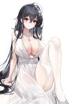  1girl absurdres ahoge azur_lane bangs bare_arms black_hair blush breasts cleavage closed_mouth dress earrings garters hair_between_eyes hair_ornament high_heels highres jewelry knee_up large_breasts lillly long_hair necklace official_alternate_costume plunging_neckline red_eyes see-through_dress simple_background sitting solo taihou_(azur_lane) taihou_(temptation_on_the_sea_breeze)_(azur_lane) thighhighs very_long_hair wedding_dress white_background white_dress white_legwear 