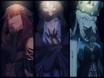  3girls blue_eyes commentary_request fate/grand_order fate/stay_night fate_(series) highres lipstick long_hair looking_at_viewer makeup medea_(fate) morgan_le_fay_(fate) multiple_girls nattu721pi purple_eyes purple_hair red_eyes red_hair scathach_(fate) silver_hair trait_connection white_hair witch 