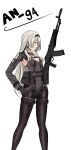  1girl ammunition_belt an-94 an-94_(girls&#039;_frontline) assault_rifle belt black_gloves black_hairband black_legwear blush breasts character_name closed_mouth covered_navel doldoriaa feet_out_of_frame girls&#039;_frontline gloves gun hairband hand_on_hip highres holding holding_gun holding_weapon long_hair looking_away pantyhose platinum_blonde_hair playboy_bunny rifle small_breasts solo standing weapon white_background 