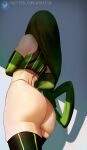  1girl ass ass_focus asui_tsuyu atric18 bare_shoulders boku_no_hero_academia boots bow_by_hair dark_green_hair elbow_gloves frog_girl from_side gloves green_shirt hair_rings highres long_hair looking_away low-tied_long_hair no_panties shadow shirt skindentation sleeveless solo standing superhero thigh_boots thighhighs thighs twitter_logo twitter_username very_long_hair 