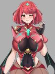  1girl absurdres bangs black_gloves breasts chest_jewel desspie earrings fingerless_gloves gloves heart heart-shaped_pupils highres jewelry large_breasts pyra_(xenoblade) red_eyes red_hair red_legwear red_shorts short_hair short_shorts shorts swept_bangs symbol-shaped_pupils thighhighs tiara xenoblade_chronicles_(series) xenoblade_chronicles_2 