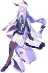  1girl blue_archive drone floating floating_object full_body gloves gun headgear jacket jacket_on_shoulders long_hair low-tied_long_hair mac-10 official_art pantyhose purple_eyes purple_hair school_uniform shoes skirt solo submachine_gun transparent_background utaha_(blue_archive) very_long_hair weapon wrench yamakawa 