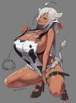  1girl ahoge amamiya_(abaros) animal_ears bangs blush breasts cow_ears cow_girl cow_horns cow_tail dark-skinned_female dark_skin ear_tag fingernails grey_background hair_over_one_eye high_heels highres horns huge_breasts long_fingernails long_hair looking_at_viewer open_mouth original revealing_clothes simple_background smile solo squatting strap_pull suspenders tail white_hair yellow_eyes 