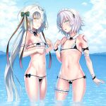  2girls absurdres ahoge bangs bare_shoulders bell bikini black_bikini blue_sky blush bow breasts collarbone eyebrows_visible_through_hair fate/apocrypha fate/grand_order fate_(series) frilled_bikini frills green_eyes hair_between_eyes hair_bow headpiece highres jack_the_ripper_(fate/apocrypha) jeanne_d&#039;arc_(fate) jeanne_d&#039;arc_alter_santa_lily_(fate) jingle_bell long_hair looking_at_viewer maid_bikini maid_headdress micro_bikini multiple_girls navel ocean open_mouth orochi_itto ponytail ribbon scar scar_across_eye scar_on_cheek scar_on_face short_hair shoulder_tattoo silver_hair sky small_breasts striped striped_bow striped_ribbon swimsuit tattoo thighs very_long_hair wading white_hair yellow_eyes 