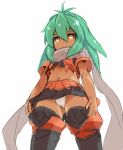  1girl dark-skinned_female dark_skin emerada_(xenogears) green_hair karukan_(monjya) leg_armor long_hair looking_at_viewer navel orange_eyes panties pantyshot scarf simple_background skirt solo underwear upskirt white_background white_panties xenogears 