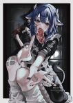  1girl animal_ears animal_print bandage_on_knee bandaid bandaid_on_hand black_eyes black_nails blood blood_on_face blue_hair cow_ears cow_girl cow_print cow_tail double_v ear_tag eyes_visible_through_hair food food_in_mouth highres horns leg_warmers meat nail_polish original piercing sayuna_sr solo tail twitter_username v 