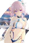  1girl bikini blue_eyes blush breasts cleavage commentary cowboy_shot english_commentary gradient_eyes hair_between_eyes hair_ornament highres honkai:_star_rail honkai_(series) large_breasts looking_at_viewer march_7th_(honkai:_star_rail) mismatched_bikini multicolored_eyes navel no_name_art pink_hair purple_eyes short_hair short_sleeves solo standing star_(symbol) star_hair_ornament stomach swimsuit wrist_cuffs 