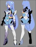  1girl android ass blue_hair breasts closed_mouth elbow_gloves forehead_protector fujimoto_hideaki gloves kos-mos long_hair red_eyes simple_background solo thighhighs very_long_hair xenosaga 