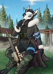 ambiguous_gender anthro armor blue_eyes body_armor canid canine canis clothing fur gun hi_res jacket mammal noble_(nobledreameater) ranged ranged_weapon skull_dog solo topwear weapon wolf