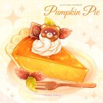  artist_name autumn autumn_leaves blush_stickers chocomiruki commentary dessert english_text food food_focus fork grid_background leaf no_humans original pastry pie plate pumpkin pumpkin_pie raccoon still_life symbol-only_commentary whipped_cream 