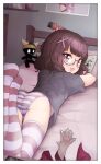  1girl ass bed bedroom black_shirt book brown_hair commission fallenshadow glasses highres indie_virtual_youtuber indoors legs_up looking_at_viewer looking_back lying nail_polish no_pants no_shoes on_stomach open_mouth panties pettan_(zeez4743) pillow pink_eyes pixiv_commission shirt short_hair short_sleeves smile striped striped_panties striped_thighhighs the_pose thighhighs thighs underwear virtual_youtuber 