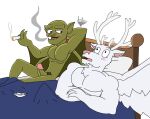 antlers bed blush cervine cigarette deer disney duo erection feathered_wings feathers francisstarlig1 furniture gargoyles genitals horn lexington_(gargoyles) male male/male mammal membrane_(anatomy) membranous_wings meme penis poking_out pubes romantic romantic_couple size_difference smoking staghart wings