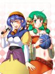  2girls blush breasts closed_mouth crossover feena_(grandia) grandia grandia_i green_eyes green_hair hair_tubes hat jewelry long_hair looking_at_viewer low-tied_long_hair luna_noah lunar:_the_silver_star midriff motomiya_ryou multiple_girls navel necklace simple_background skirt smile white_background wide_sleeves 