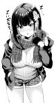  1girl :o black_gloves blush breasts camouflage camouflage_shorts cowboy_shot flower gloves greyscale hair_flower hair_ornament hand_in_pocket highres jacket large_breasts medium_hair monochrome original plaid plaid_scarf ribbed_sweater ryopa scarf short_shorts shorts solo sweater 