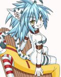 2024 anthro apedrank bedroom_eyes belt biped blue_hair blush breasts butt cute_fangs felid female fur fuurin_rei hair hi_res kemono leucistic looking_at_viewer mammal mischievous mischievous_smile narrowed_eyes on_lap pantherine ronald_mcdonald sculpture seductive side_boob simple_background sitting sitting_on_lap smile solo statue stripes tail tiger white_background yellow_eyes