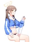  1girl artpatient bikini black_bikini blue_archive blue_jacket brown_eyes brown_hair brown_halo highres jacket long_hair long_sleeves moe_(blue_archive) moe_(swimsuit)_(blue_archive) simple_background sitting sleeves_past_wrists smile solo swimsuit tongue tongue_out twintails white_background 