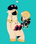  1girl 1other 2boys bangs black_dress black_headwear blonde_hair blue_background blunt_bangs cloak dress father_and_daughter glowing glowing_eyes gold_trim gooey higa423 hood hyness kirby kirby:_star_allies kirby_(series) long_sleeves mouth_veil multiple_boys short_hair simple_background sleeves_past_fingers sleeves_past_wrists veil very_long_sleeves white_cloak white_hood white_robe yellow_eyes zan_partizanne 