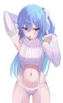  1girl absurdres blue_eyes blue_hair blush breasts detached_sleeves fawny garter_straps highres hololive hoshimachi_suisei long_hair looking_at_viewer meme_attire panties ponytail small_breasts solo sweater turtleneck turtleneck_sweater underwear virgin_destroyer_sweater virtual_youtuber white_garter_straps white_panties white_sleeves white_sweater 