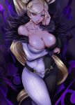  black_eyes breasts cleavage collarbone dress e_hair fur_trim gaien_(jin_morisono) highres hilda_(under_night_in-birth) large_breasts long_hair multicolored_clothes multicolored_dress off-shoulder_dress off_shoulder red_eyes swept_bangs tagme under_night_in-birth very_long_hair 