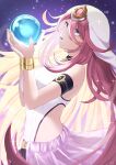  1girl absurdres armlet clothing_cutout from_side halterneck heaven_burns_red highres holding_orb leotard long_hair nil_(pixiv_53614557) open_mouth orb pink_hair purple_eyes sakuraba_seira side_cutout skirt smile solo veil very_long_hair wristband 