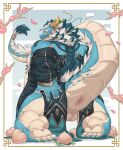 absurd_res anthro anus backsack balls blue_body butt clothed clothing dragon evilbear2 eyebrows facial_hair food fruit genitals hi_res kneeling lifewonders looking_back male mature_male overweight partially_clothed peach_(fruit) plant presenting presenting_anus qinglong solo tail thick_eyebrows thick_tail tokyo_afterschool_summoners