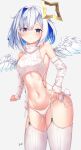  1girl absurdres alternate_costume amane_kanata angel_wings bare_shoulders blue_hair blush bow breasts closed_mouth colored_inner_hair commentary_request detached_sleeves ebifly401 feathered_wings garter_straps halo highres hololive looking_at_viewer medium_hair meme_attire mini_wings multicolored_hair navel panties purple_eyes side-tie_panties simple_background sleeveless sleeveless_sweater sleeveless_turtleneck small_breasts solo star_halo stomach streaked_hair sweater thighhighs thighs turtleneck turtleneck_sweater underwear virgin_destroyer_sweater virtual_youtuber white_bow white_garter_straps white_hair white_panties white_sweater white_thighhighs wings 