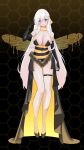  1girl absurdres alternate_costume arthropod_girl azur_lane bare_shoulders bee bee_girl belfast_(azur_lane) black_footwear black_gloves braid breasts bug center_opening cleavage elbow_gloves flying gloves hair_between_eyes hand_in_hair highres honeycomb_(pattern) huge_breasts long_hair looking_at_viewer marumai purple_eyes shoes showgirl_skirt side_braid skindentation solo thigh_strap very_long_hair white_hair 